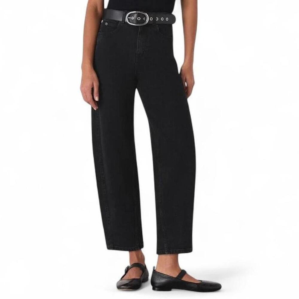 WHISTLES Ultra High Waisted Black Stretch Barrel Leg Jeans Size 28 Raw Hem NWOT